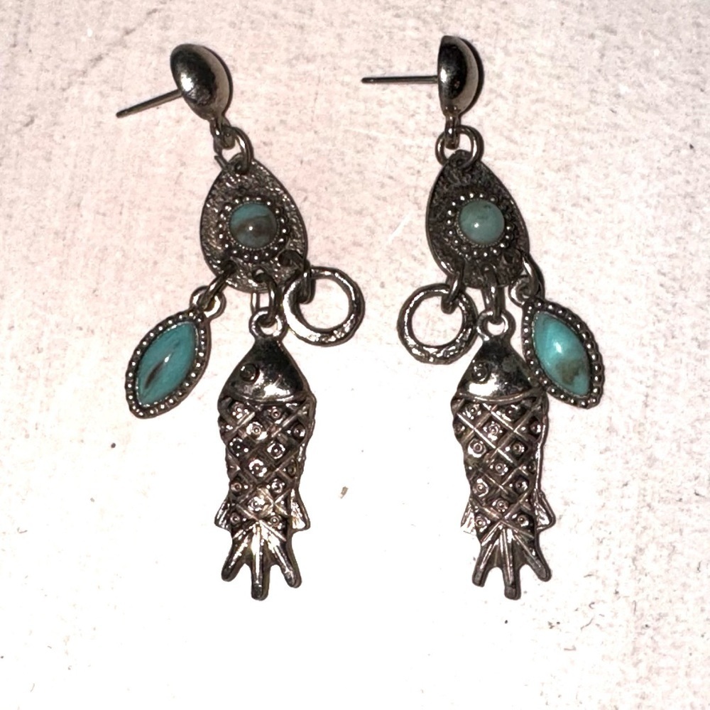 Silver Fish Earrings with Turquoise Color Stones - Picture 3 of 5
